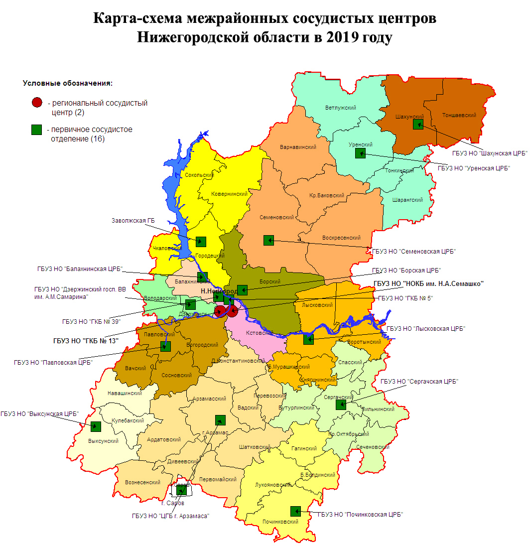 Карта-схема межрайонных сосудистых центров Нижегородской области в 2019 году.